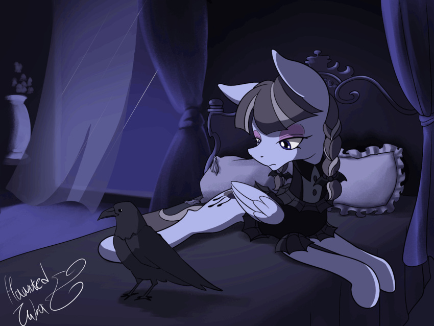 animated bed blinking crown curtains cutie_mark equid equine feather_preening feathers friendship_is_magic furniture goth hasbro hauntedtube inky_rose_(mlp) mammal my_little_pony on_bed open_window pegasus personal_grooming raining wings