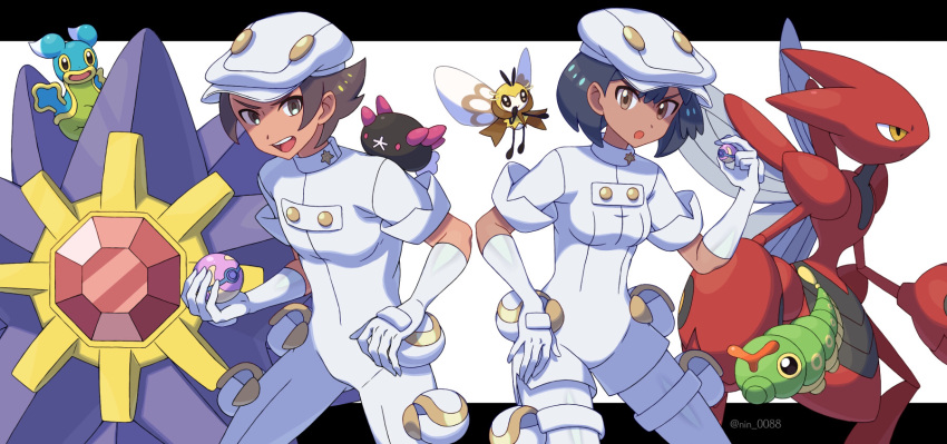 1boy 1girl :d aether_foundation_employee aether_foundation_uniform bangs banned_artist black_hair brown_eyes brown_hair caterpie commentary_request gloves hand_up hat heal_ball highres holding holding_poke_ball jumpsuit letterboxed nin_(female) open_mouth poke_ball pokemon pokemon_(creature) pokemon_(game) pokemon_sm pyukumuku ribombee scizor shellos shellos_(east) short_hair smile starmie teeth tongue upper_teeth white_background white_gloves white_headwear white_jumpsuit
