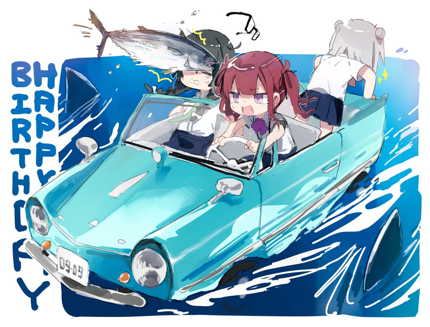 3girls bent_over black_hair blue_skirt bow bowtie car cevio chibi closed_eyes commentary crying crying_with_eyes_open double_bun driving eyewear_removed fish glasses green_necktie grey_hair ground_vehicle hair_bun hanakuma_chifuyu happy_birthday highres hitogome koharu_rikka license_plate miniskirt motor_vehicle multiple_girls natsuki_karin necktie ocean pleated_skirt purple_bow purple_bowtie purple_eyes red_hair school_uniform shark_fin shirt short_hair short_sleeves skirt smack sparkle steering_wheel symbol-only_commentary synthesizer_v tears white_shirt