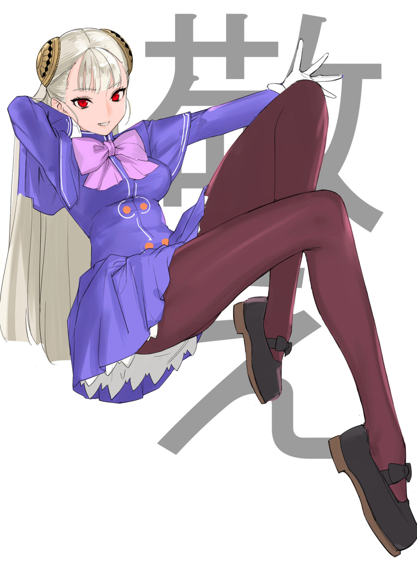 1girl bangs blonde_hair breasts capcom_fighting_jam gloves grin highres ingrid_(capcom) long_hair looking_at_viewer pantyhose pleated_skirt purple_pantyhose red_eyes skirt smile solo tetsu_(kimuchi) white_gloves