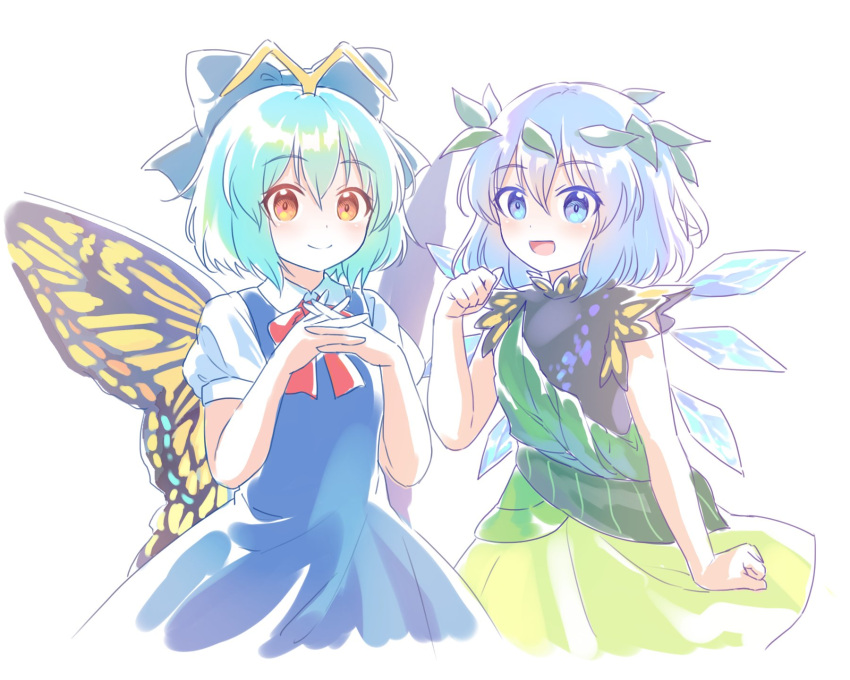 2girls antennae aqua_hair blue_bow blue_dress blue_eyes blue_hair blush bow butterfly_wings cirno cirno_(cosplay) closed_mouth collared_shirt cosplay costume_switch detached_wings dress eternity_larva eternity_larva_(cosplay) fairy green_dress hair_between_eyes hair_bow highres ice ice_wings kaoling leaf leaf_on_head multicolored_clothes multicolored_dress multiple_girls open_mouth orange_eyes shirt short_hair short_sleeves simple_background smile touhou white_background white_shirt wings