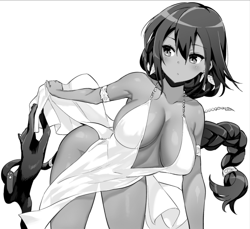 1girl armlet azur_lane backless_outfit bangs bare_shoulders blush braid breasts breasts_apart cat clothes_lift collarbone covered_nipples dark-skinned_female dark_skin dress dress_lift earrings evening_gown floating_hair greyscale hair_between_eyes hori_(hori_no_su) jewelry large_breasts leaning_forward lifted_by_self long_hair monochrome no_bra no_panties revealing_clothes simple_background solo south_dakota_(azur_lane) south_dakota_(solo_concert)_(azur_lane) very_long_hair white_background white_dress
