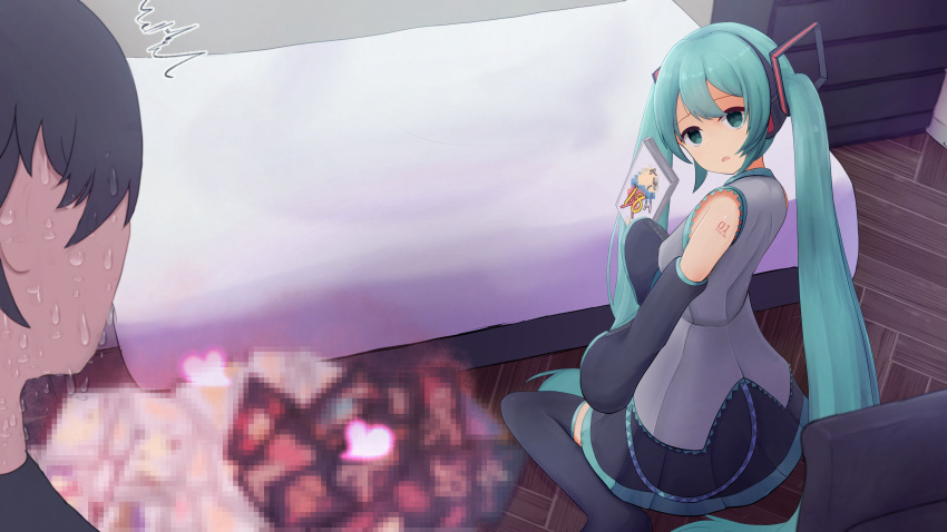 1boy 1girl ^^^ absurdres aqua_eyes aqua_hair aqua_necktie bare_shoulders bed black_hair black_skirt black_sleeves black_thighhighs book caught censored commentary commission detached_sleeves empty_eyes faceless faceless_male grey_shirt hair_ornament hatsune_miku headphones heart highres holding holding_book illustshiron indoors long_hair looking_at_another master_(vocaloid) miniskirt necktie parted_lips pleated_skirt pornography shirt shoulder_tattoo sitting skirt sleeveless sleeveless_shirt sweat sweating_profusely tattoo thighhighs twintails very_long_hair vocaloid wariza