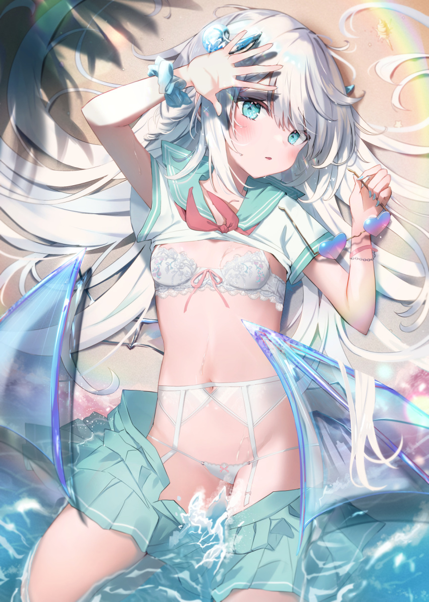 1girl arm_up bangs beach blue_eyes blue_nails blue_sailor_collar blue_skirt blue_wings bow bow_bra bow_panties bra breasts clothes_lift clothes_pull commentary_request day eyewear_removed hair_between_eyes hand_up heart heart-shaped_eyewear highres holding holding_eyewear long_hair lying nail_polish navel omelet_tomato on_back open_clothes open_skirt original outdoors panties parted_lips pleated_skirt rainbow sailor_collar sand school_uniform serafuku shallow_water shirt shirt_lift short_sleeves skirt skirt_pull small_breasts solo sunglasses transparent_wings underwear very_long_hair water white_bra white_hair white_panties white_shirt wings