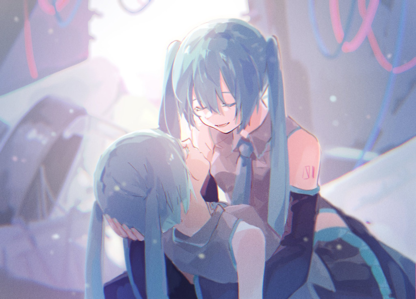 2girls aqua_hair aqua_necktie arm_around_back bare_shoulders black_skirt black_sleeves black_thighhighs blurry blurry_background broken_glass cable clone closed_eyes commentary detached_sleeves glass grey_shirt hand_on_another's_head hatsune_miku highres lifting_person long_hair mi_no_take miniskirt multiple_girls necktie open_mouth pleated_skirt shirt shoulder_tattoo skirt sleeveless sleeveless_shirt smile stasis_tank symbol-only_commentary tattoo thighhighs twintails very_long_hair vocaloid zettai_ryouiki