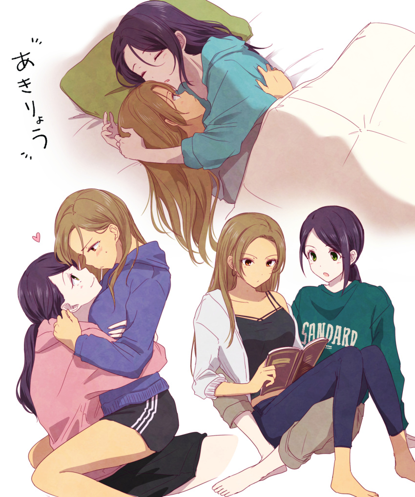 2girls ayame_iro_(toumei_dolce) blush book brown_hair closed_eyes closed_mouth commentary_request eye_contact green_eyes heart highres idolmaster idolmaster_cinderella_girls looking_at_another lying matsunaga_ryo multiple_girls on_side open_book parted_lips purple_hair reading sleeping translation_request yamato_aki yuri