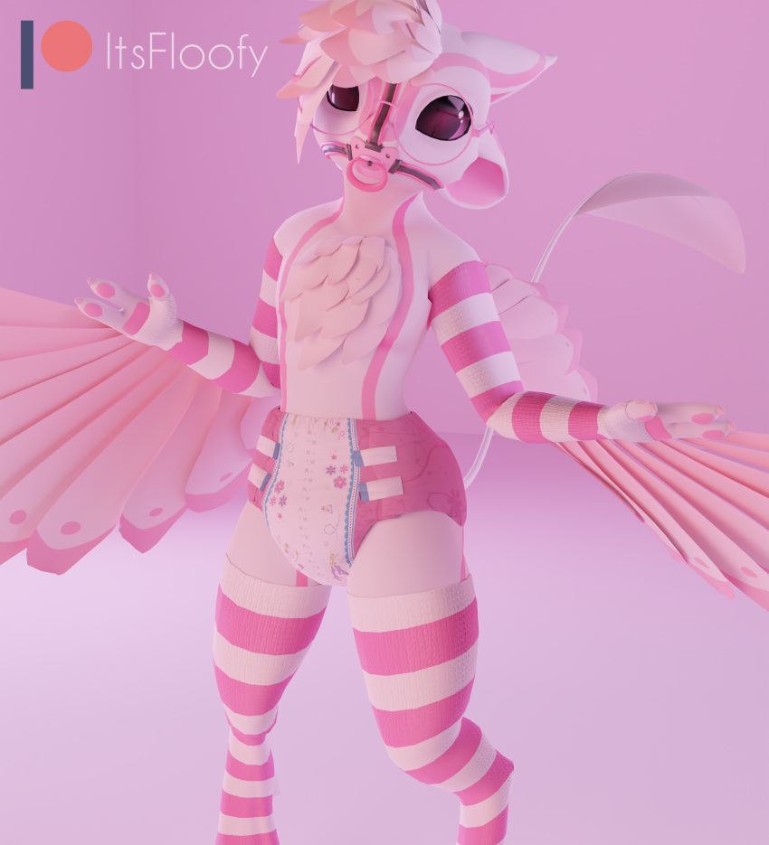 3d_(artwork) absurd_res ambiguous_gender armwear avali blender_cycles clothing cute_eyes diaper digital_media_(artwork) elbow_gloves eyewear feathers female gag girly glasses gloves handwear hi_res itsfloofy kita'vali legwear male pacifier pacifier_gag pink solo spread_wings thigh_highs wings