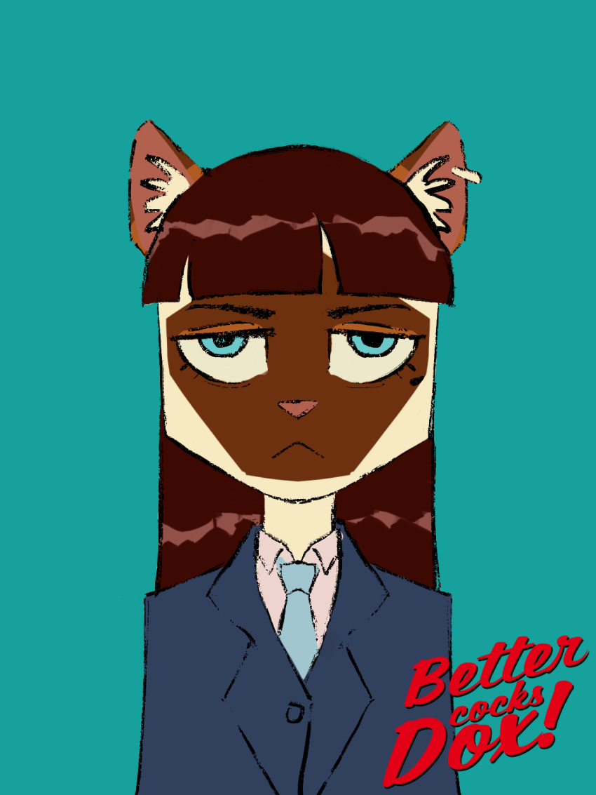 advertisement anthro bangs beauty_mark better_call_saul clothing colored digital_media_(artwork) digital_painting_(artwork) domestic_cat doxhun felid feline felis girly hair hi_res looking_at_viewer male mammal markings mole_(marking) necktie sasha_(doxhun) siamese simple_background solo straight_hair suit text tired