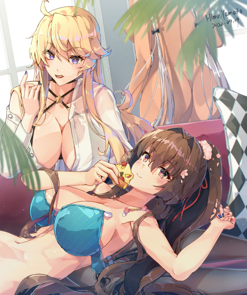 3girls ahoge alternate_costume artist_name ass blonde_hair blue_bra blue_eyes blue_nails bra breasts brown_eyes brown_hair cherry_blossoms dark-skinned_female dark_skin dated flower grey_hair hair_between_eyes hair_flower hair_intakes hair_ornament highres himeyamato holding_hands iowa_(kancolle) kantai_collection large_breasts long_hair long_sleeves lying multiple_girls musashi_(kancolle) musashi_kai_ni_(kancolle) nail_polish nude on_back ponytail red_nails shirt sidelocks standing star-shaped_pupils star_(symbol) symbol-shaped_pupils twintails underwear very_long_hair white_shirt yamato_(kancolle)