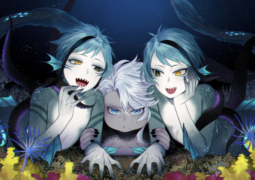3boys :i aged_down azul_ashengrotto black_hair black_nails black_skin blue_background blue_eyes blue_hair blue_nails blue_skin colored_skin eel_boy fingernails fins floyd_leech green_eyes grey_skin hand_on_own_chin hand_up head_fins head_rest heterochromia highres holding_another's_arm horizontal_pupils jade_leech looking_at_another looking_at_viewer lying male_focus medium_hair mole mole_under_mouth monster_boy multicolored_hair multicolored_skin multiple_boys octopus_boy on_stomach open_mouth pout purple_skin sharp_fingernails sharp_teeth short_hair sindri streaked_hair teeth tentacles twisted_wonderland underwater upper_body webbed_hands white_hair white_skin yellow_eyes