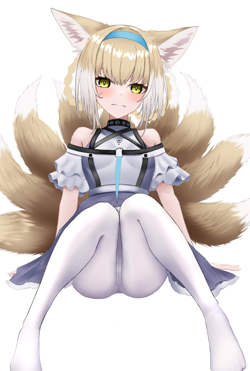 1girl animal_ears arknights bangs bare_shoulders blue_hairband breasts cameltoe closed_mouth clothing_cutout fox_ears fox_girl fox_tail hairband highres kitsune knees_together_feet_apart knees_up light_brown_hair looking_at_viewer multicolored_hair no_shoes panties panties_under_pantyhose pantyhose purple_skirt shirt shoulder_cutout simple_background skirt small_breasts solo suzuran_(arknights) tail tokumeikibo two-tone_hair underwear white_background white_hair white_panties white_pantyhose white_shirt