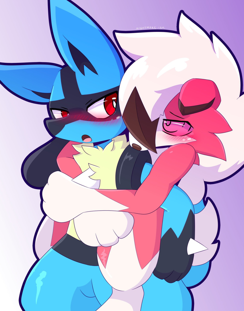 2019 3_fingers ambiguous_gender anthro black_body black_fur blue_body blue_fur blush canid canine carrying carrying_over_shoulder carrying_partner chest_spike duo fingers fur fur_markings generation_4_pokemon generation_7_pokemon glistening glistening_eyes grabbing_from_behind hi_res looking_at_another loving_gaze lucario lycanroc mammal markings midnight_lycanroc nightmare-ish nintendo open_mouth pokemon pokemon_(species) red_body red_eyes red_fur snout spikes spikes_(anatomy) tuft video_games white_body white_fur