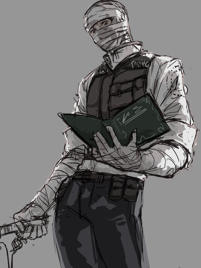 1boy absurdres bandaged_arm bandaged_hand bandaged_head bandages book bulletproof_vest fallout_(series) fallout_new_vegas gun highres holding holding_book joshua_graham solo vest weapon yononaka