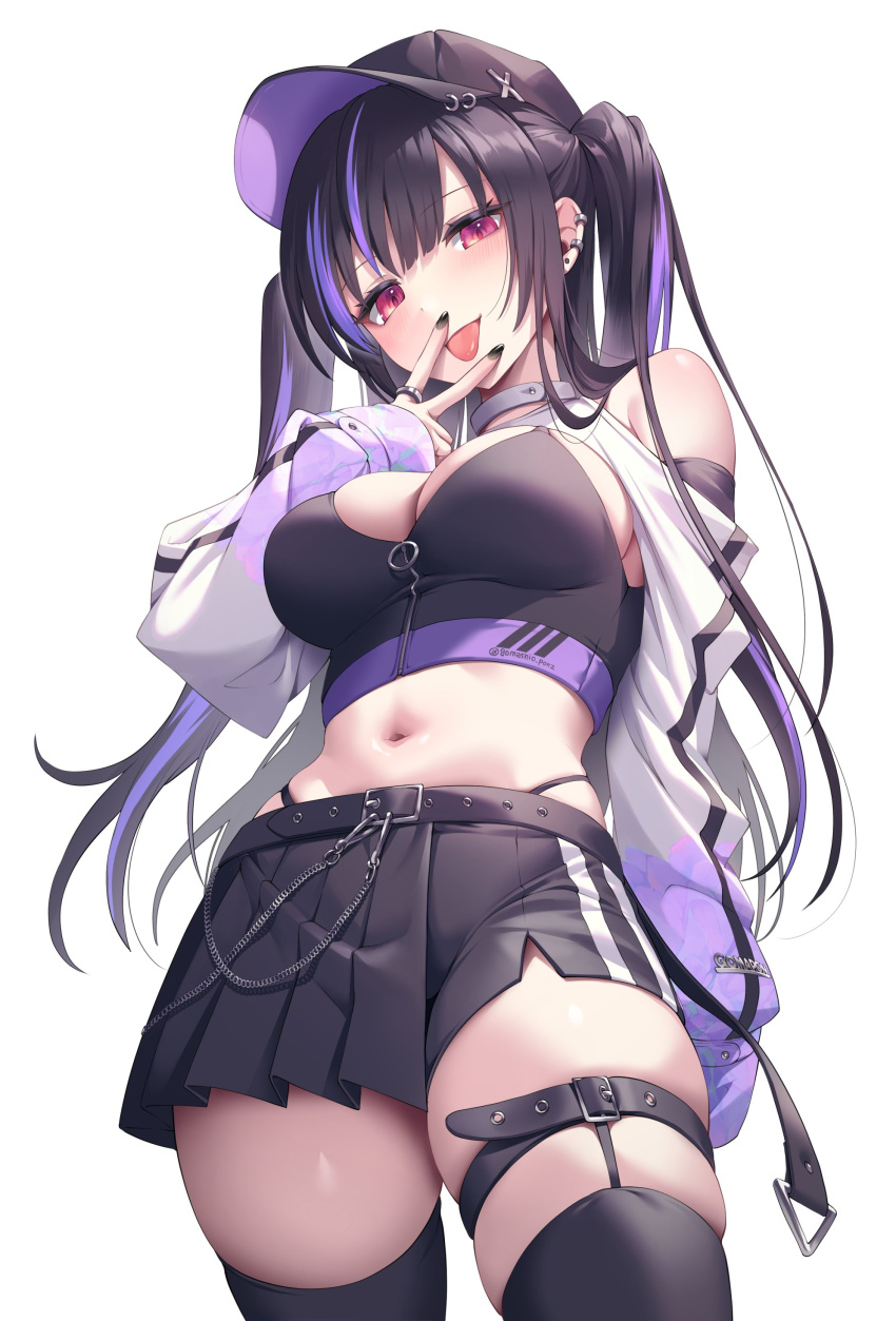 1girl absurdres bare_shoulders baseball_cap black_hair black_headwear black_nails black_shirt black_skirt black_thighhighs breasts cleavage clothing_cutout cowboy_shot crop_top cunnilingus_gesture ear_piercing earrings gomashio_ponz gradient_clothes hand_up hat highleg highres jewelry large_breasts long_hair long_sleeves looking_at_viewer midriff miniskirt multicolored_hair nail_polish navel original panty_straps piercing pleated_skirt red_eyes ring shirt shoulder_cutout shrug_(clothing) sidelocks skindentation skirt sleeveless sleeveless_shirt solo standing stomach streaked_hair thigh_strap thighhighs thighs tongue tongue_out twintails v white_sleeves zettai_ryouiki