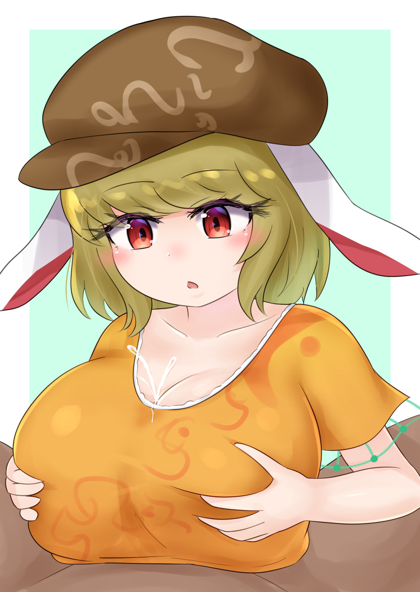 1boy 1girl absurdres animal_ears artist_request beret blonde_hair breast_grab breasts cum cum_in_clothes cum_on_body cum_on_breasts ejaculation grabbing green_background green_hair hat highres huge_breasts open_mouth oppai_loli paizuri paizuri_under_clothes rabbit_ears red_eyes ringo_(touhou) surprised touhou