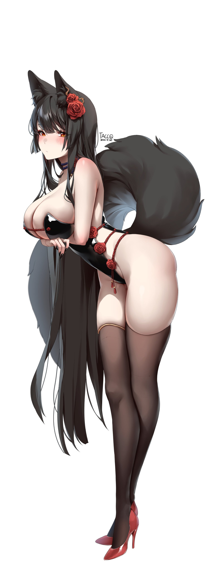 1girl :/ absurdres animal_ear_fluff animal_ears artist_name ass bad_id bad_twitter_id bangs bare_arms bare_shoulders black_hair black_nails black_tail blush breast_hold breasts brown_thighhighs cleavage closed_mouth crossed_arms dated flower fox_ears fox_girl full_body groin hair_flower hair_ornament high_heels highleg highleg_leotard highres large_breasts leaning_forward legs leotard long_hair looking_at_viewer nail_polish orange_eyes original red_flower red_footwear red_rose rose sidelocks simple_background solo standing straight_hair strapless strapless_leotard tacco_(tikeworld) tachi-e thighhighs very_long_hair white_background