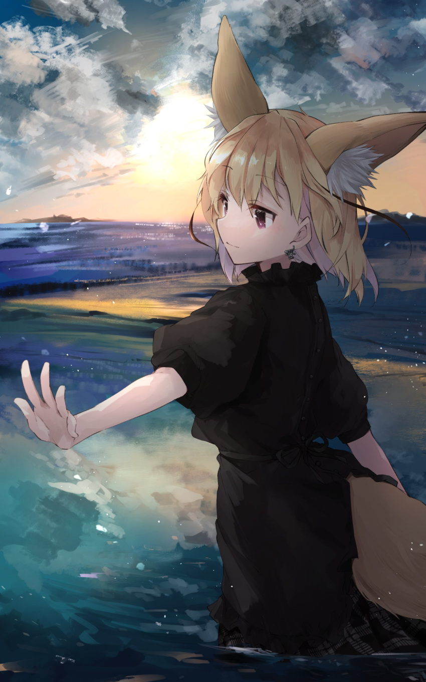 1girl alternate_costume animal_ear_fluff animal_ears black_dress blonde_hair brown_eyes cloud commentary_request dress earrings extra_ears fennec_(kemono_friends) fox_ears fox_girl fox_tail highres horizon jewelry kemono_friends light_smile looking_away medium_hair nanana_(nanana_iz) outstretched_arm puffy_short_sleeves puffy_sleeves short_sleeves solo tail wading water