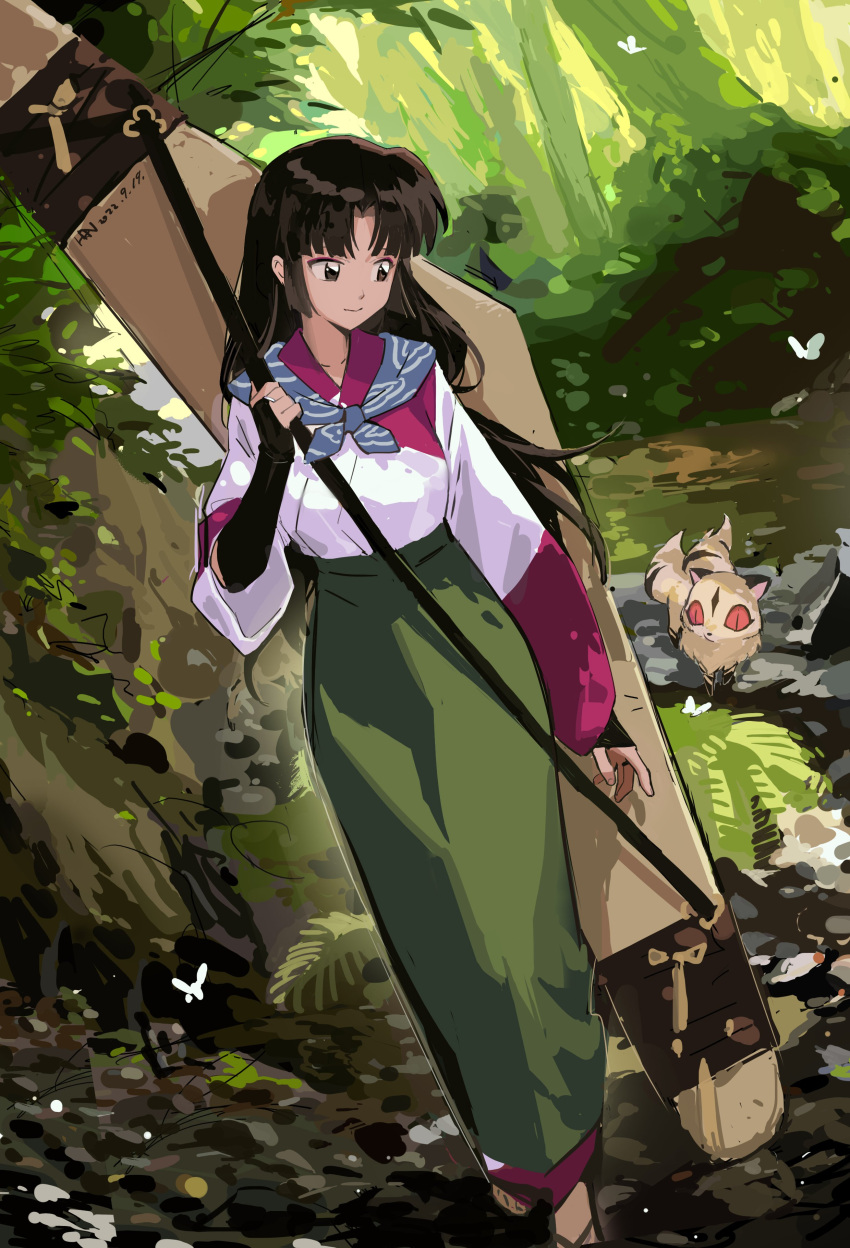 1girl absurdres bangs black_hair blunt_bangs boomerang brown_eyes forest fox full_body gauntlets han-0v0 highres inuyasha japanese_clothes kimono kirara_(inuyasha) long_hair looking_back nature sango shawl