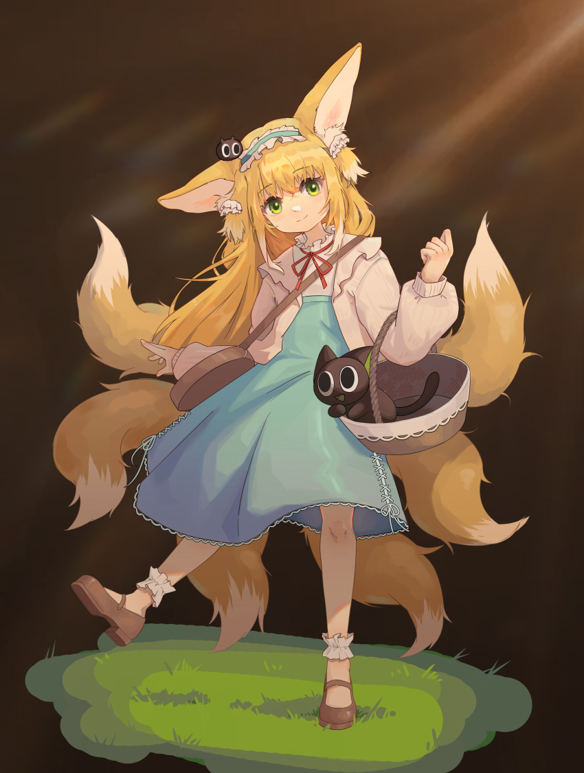 1girl absurdres animal animal_ear_fluff animal_ears arknights bag bangs basket black_cat blonde_hair blue_dress blue_hairband brown_footwear cat closed_mouth dress fox_ears fox_girl fox_tail frilled_hairband frills full_body grass green_eyes hairband head_tilt heixiu highres jacket kitsune long_hair long_sleeves luoxiaohei neck_ribbon no_socks on_head open_clothes open_jacket puffy_long_sleeves puffy_sleeves red_ribbon ribbon shendeyingzi101 shirt shoes shoulder_bag smile suzuran_(arknights) suzuran_(spring_praise)_(arknights) tail the_legend_of_luo_xiaohei very_long_hair white_jacket white_shirt