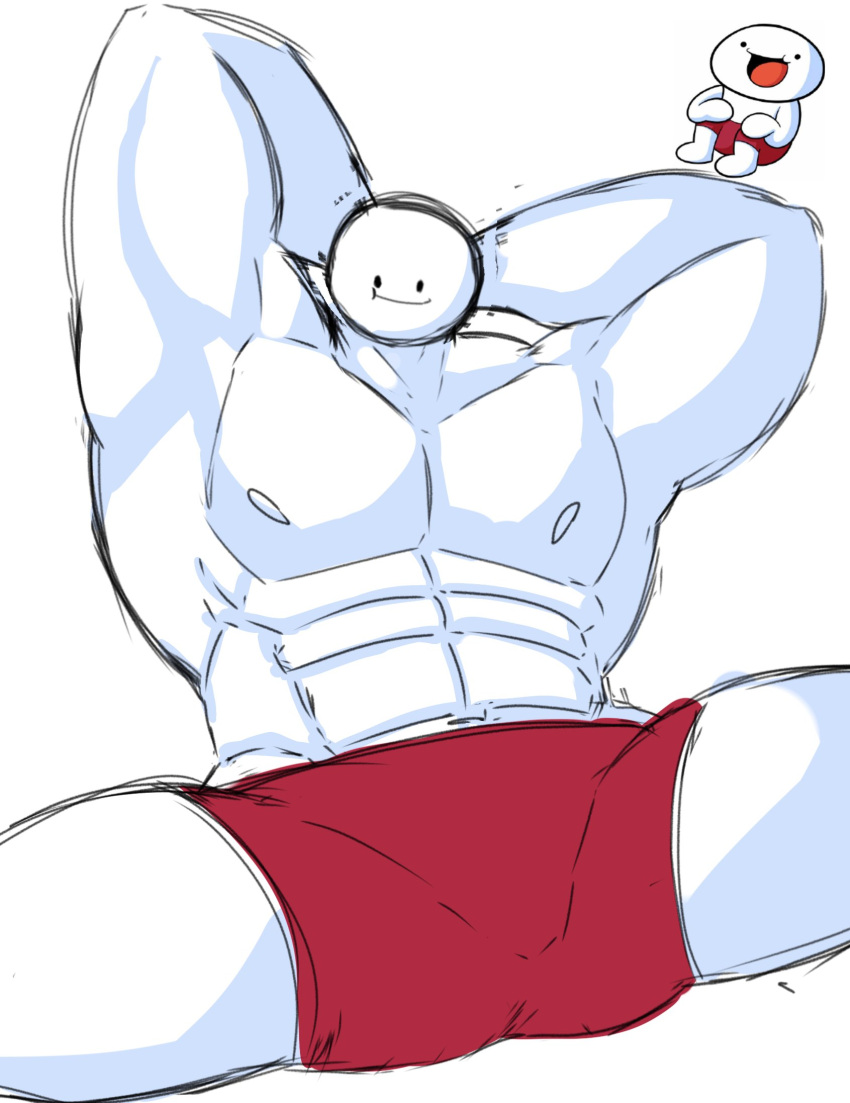 bottomwear briefs clothing hi_res human humanoid male mammal muscular nof_furry shorts solo sugarovin sugarovin_(artist) theodd1sout_(character) tiny_head underwear