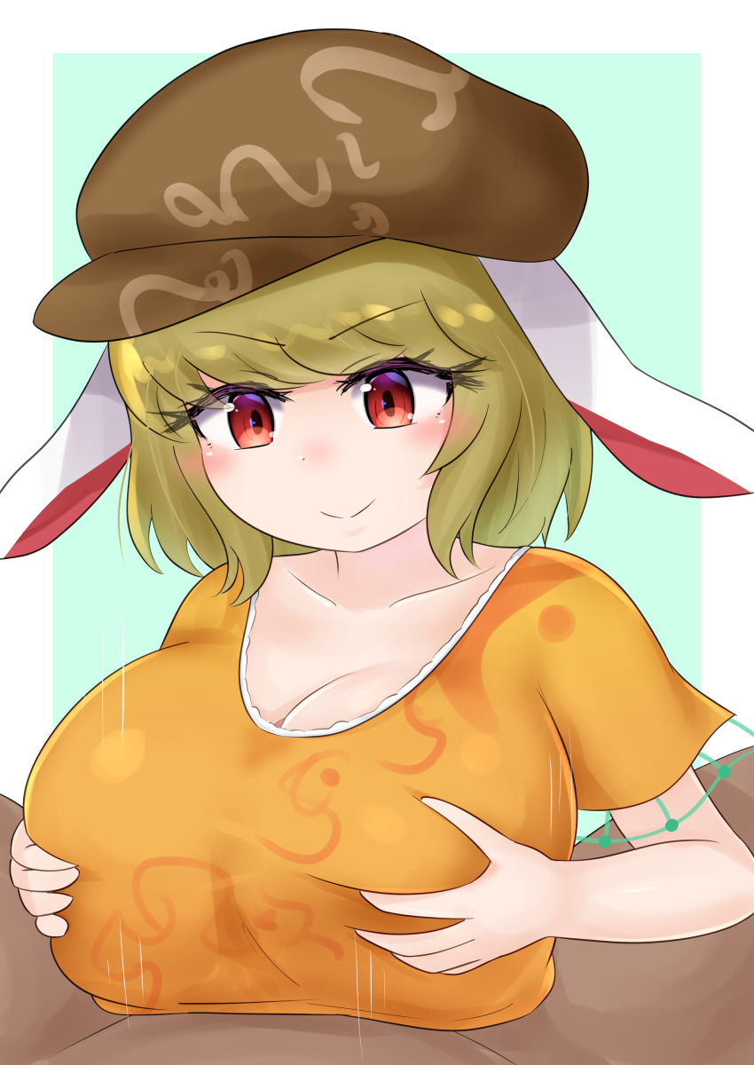 1boy 1girl absurdres animal_ears artist_request beret blonde_hair breast_grab breasts grabbing green_background hat highres huge_breasts oppai_loli paizuri paizuri_under_clothes rabbit_ears red_eyes ringo_(touhou) shirt short_hair short_sleeves smile touhou white_background yellow_shirt