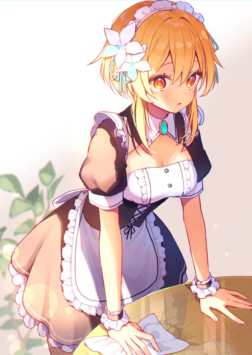 1girl absurdres blonde_hair blush breasts chiroron cleavage dress flower genshin_impact hair_between_eyes hair_flower hair_ornament headband highres jewelry leaf lens_flare looking_at_viewer lumine_(genshin_impact) maid medium_breasts short_hair simple_background solo table towel wiping wiping_table yellow_eyes