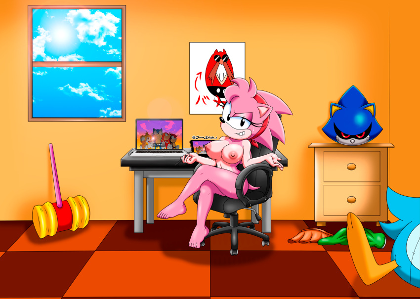 amy_rose anthro big_breasts breasts chair classic_sonic_(universe) clothing clothing_aside computer curvy_figure dr._eggman eulipotyphlan female furniture hammer hedgehog hi_res humanoid knuckles_the_echidna laptop looking_at_viewer mammal metal_sonic mighty_the_armadillo miles_prower multicolored_body nipples on_chair pink_body pink_nipples ray_the_flying_squirrel sega sitting sitting_on_chair smile smiling_at_viewer solo sonic_the_hedgehog sonic_the_hedgehog_(series) tablet the_knight tools