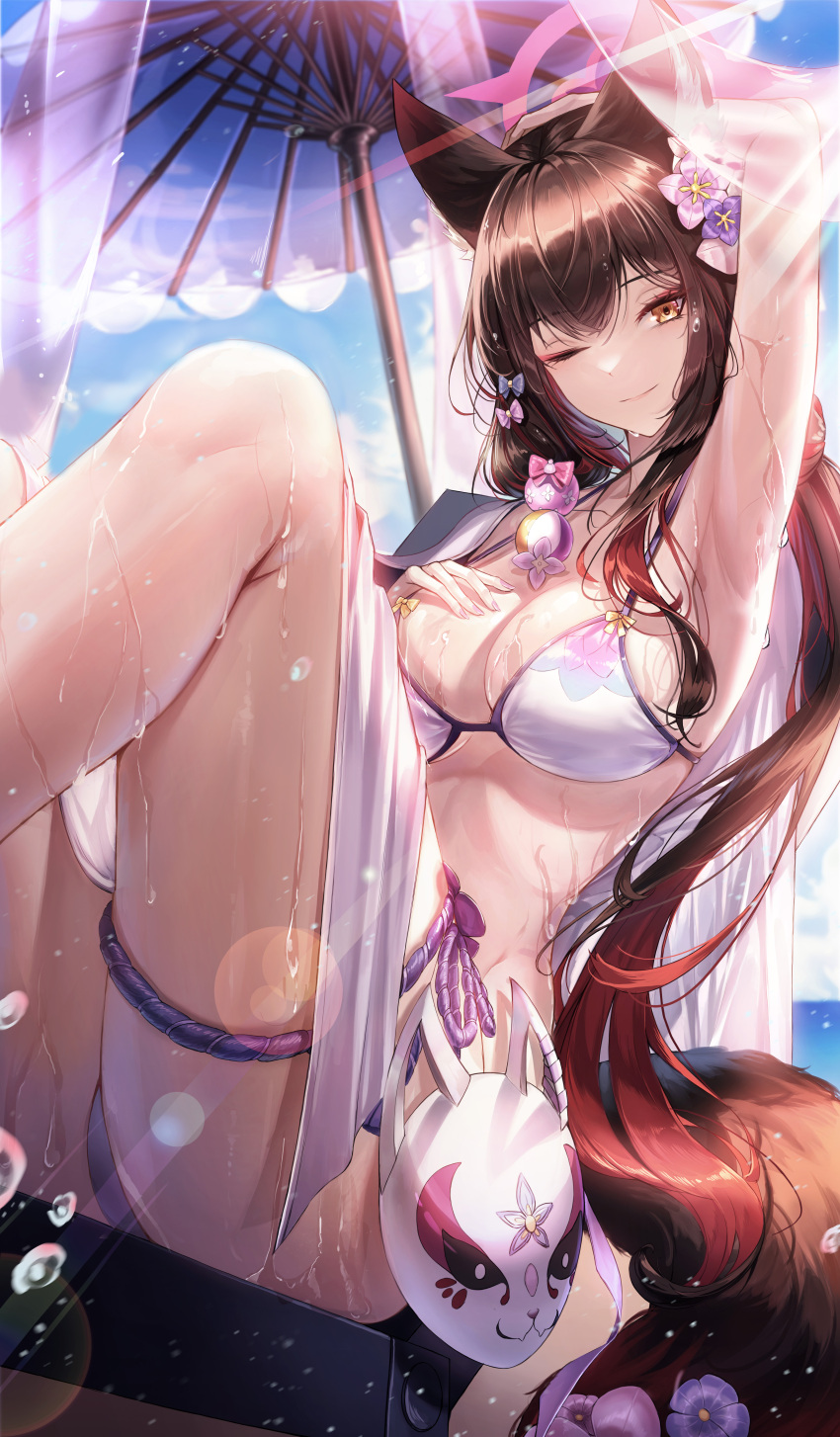1girl ;) absurdres animal_ears arm_up armpits bangs bare_shoulders beach_umbrella bikini blue_archive blue_sky breasts brown_hair cleavage cloud commentary day fox_ears fox_mask highres k0a knees_up large_breasts long_hair looking_at_viewer mask one_eye_closed outdoors sitting sky smile solo stomach swimsuit thighs umbrella very_long_hair wakamo_(blue_archive) wet white_bikini yellow_eyes