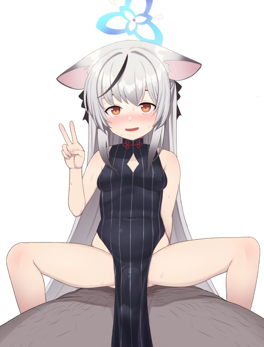 1boy 1girl animal_ears bare_arms bare_legs bare_shoulders blue_archive blush breasts bulge china_dress chinese_clothes clothed_female_nude_male dark-skinned_male dark_skin dress erection erection_under_clothes grey_hair halo hetero highres implied_sex kokona_(blue_archive) long_hair multicolored_hair nude open_mouth pelvic_curtain sex simple_background small_breasts solo_focus spread_legs straddling striped sweat taji_(crowview) v vertical_stripes very_long_hair white_background