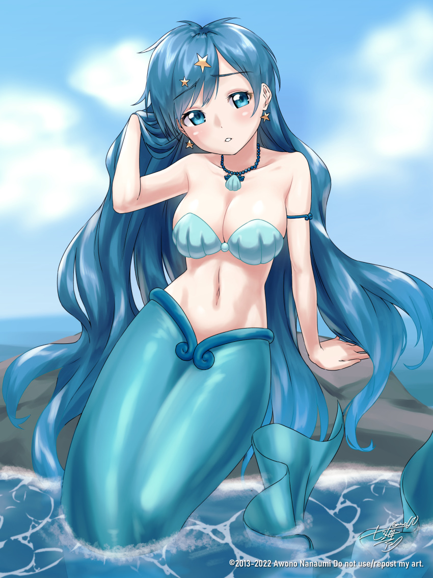 1girl arm_support arm_up artist_name awono_nanaumi bangs bare_shoulders blue_eyes blue_hair blue_sky breasts cleavage cloud collarbone commentary commission day earrings groin hair_ornament hand_in_own_hair head_tilt highres houshou_hanon jewelry long_hair looking_at_viewer medium_breasts mermaid mermaid_melody_pichi_pichi_pitch monster_girl navel necklace ocean parted_lips rock shell shell_bikini shell_necklace sidelocks signature sitting skeb_commission skindentation sky solo star_(symbol) star_earrings star_hair_ornament stomach