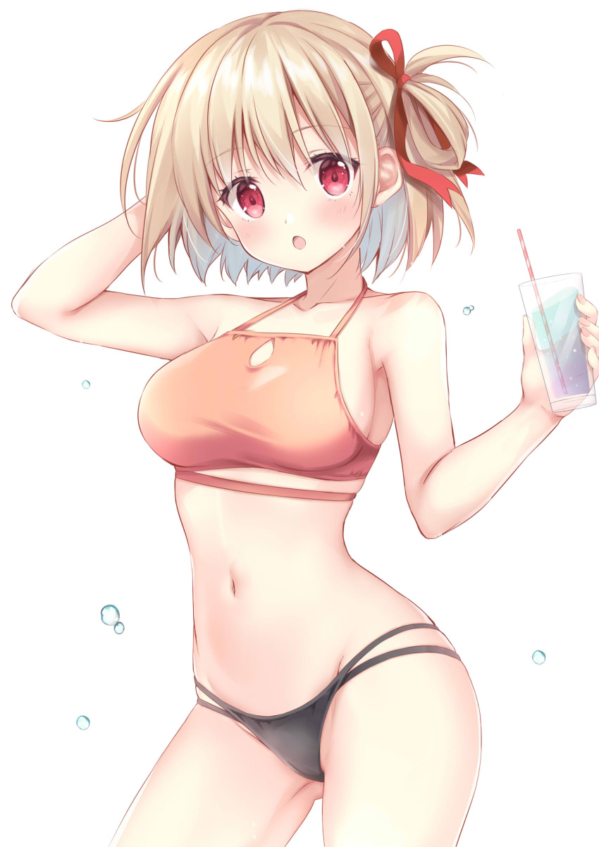 1girl :o absurdres bare_arms black_panties blonde_hair blush collarbone cup drinking_straw hair_ribbon highres holding holding_cup korie_riko looking_at_viewer lycoris_recoil navel nishikigi_chisato open_mouth panties red_eyes red_sports_bra ribbon short_hair simple_background solo sports_bra standing thighs underwear water_drop white_background