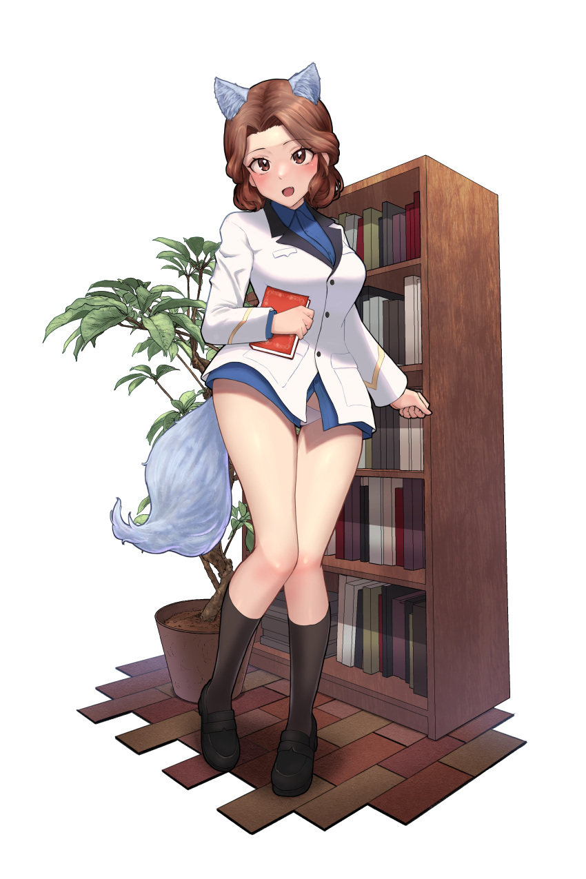 1girl absurdres animal_ears black_footwear blue_shirt bookshelf breasts brown_eyes brown_hair commission cosette_girard fox_ears fox_girl fox_tail hair_bun highres jacket liar_lawyer medium_breasts open_mouth original panties plant shirt skeb_commission smile solo tail underwear white_jacket wide_hips world_witches_series