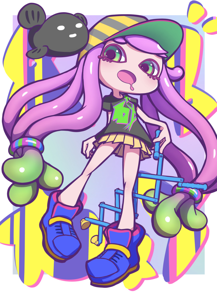 1girl arms_at_sides bangs baseball_cap black_shirt blue_footwear blush border breasts commentary_request drooling fish full_body gradient_hair green_eyes green_hair hair_tie harmony's_clownfish_(splatoon) harmony_(splatoon) hat highres holding holding_toy legs light_blush long_hair looking_at_viewer miniskirt mouth_drool multicolored_hair nintendo_ultra_hand open_mouth outside_border partial_commentary pigeon-toed pink_hair pleated_skirt shinako shiny shiny_hair shirt shoes short_sleeves sidelocks skirt small_breasts solo_focus splatoon_(series) splatoon_3 standing striped striped_headwear swept_bangs tentacle_hair tentacles toy twintails two-tone_hair very_long_hair white_border white_eyes yellow_headwear yellow_skirt