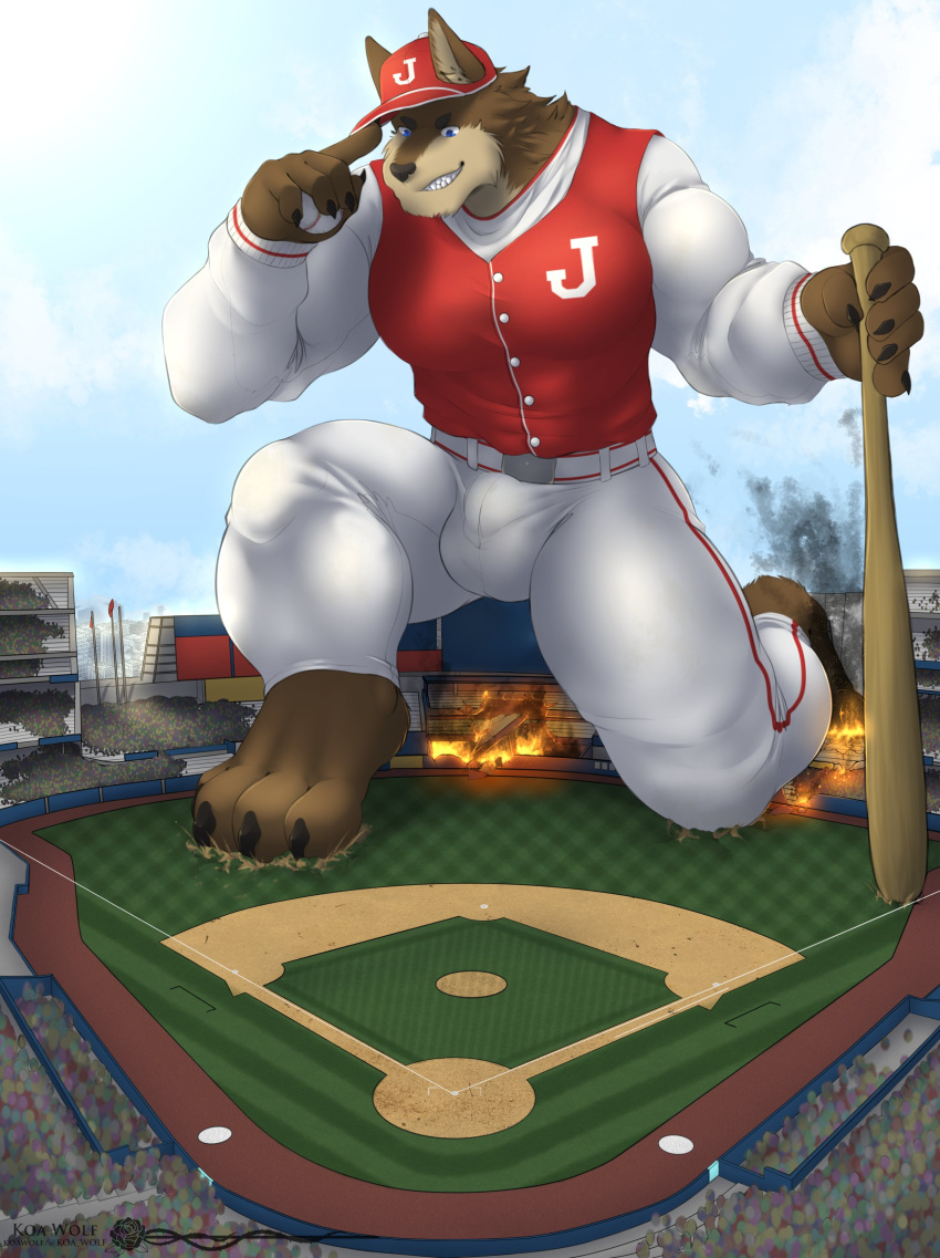 2021 absurd_res anthro baseball_(sport) baseball_bat bat_(object) belt bottomwear clothing cloud crowd dirt extreme_size_difference fire grass group hi_res koa_wolf looking_down macro male micro pants plant red_clothing red_topwear size_difference sky sleeves solo sport stadium tipping_hat topwear white_bottomwear white_clothing white_pants