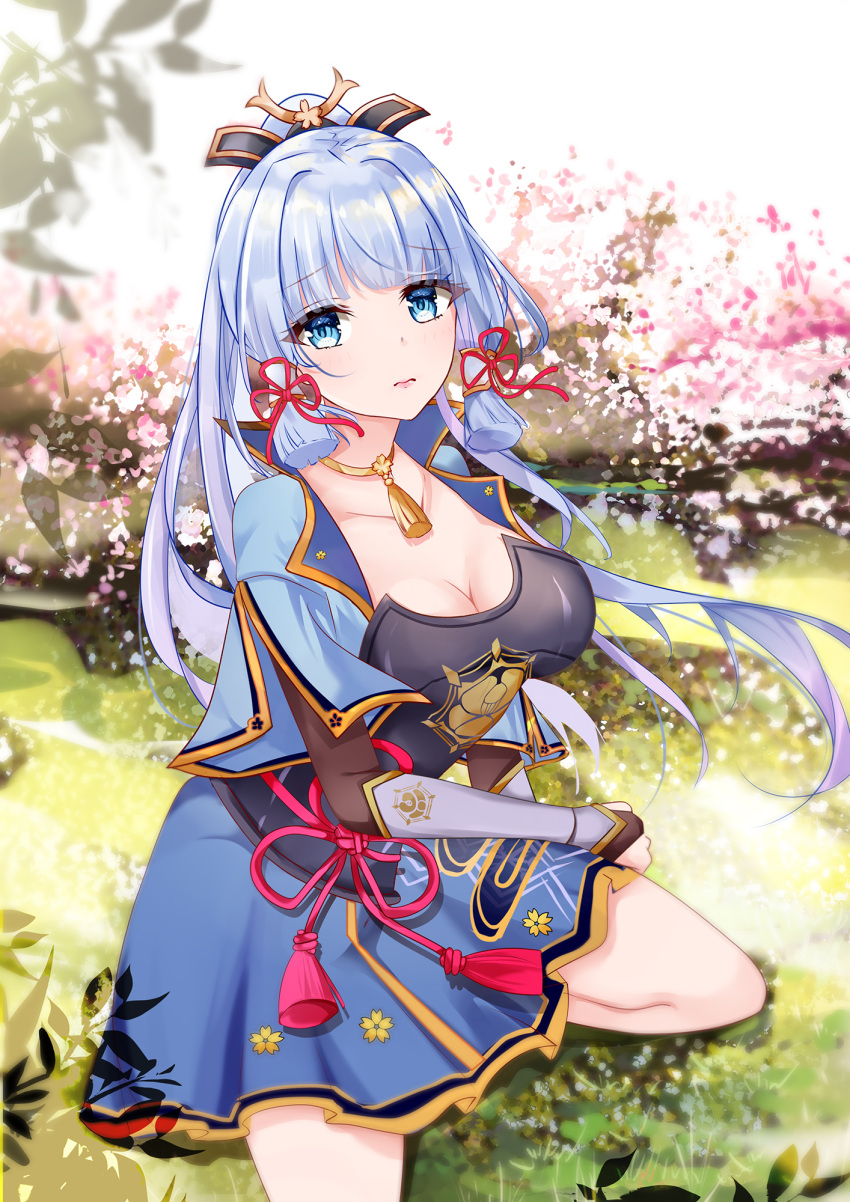1girl 3: armor black_gloves blue_eyes blue_jacket blue_skirt blunt_tresses breastplate breasts bridal_gauntlets cherry_blossoms choker cleavage commentary_request day dou elbow_gloves floating_hair flower flower_knot gauntlets genshin_impact gloves grass hair_ornament hair_ribbon highres jacket japanese_armor japanese_clothes kamisato_ayaka light_blush long_hair looking_at_viewer medium_breasts mutang neck_tassel outdoors plant ponytail red_ribbon ribbon sitting skirt solo tassel thighs tress_ribbon white_hair wide_sleeves