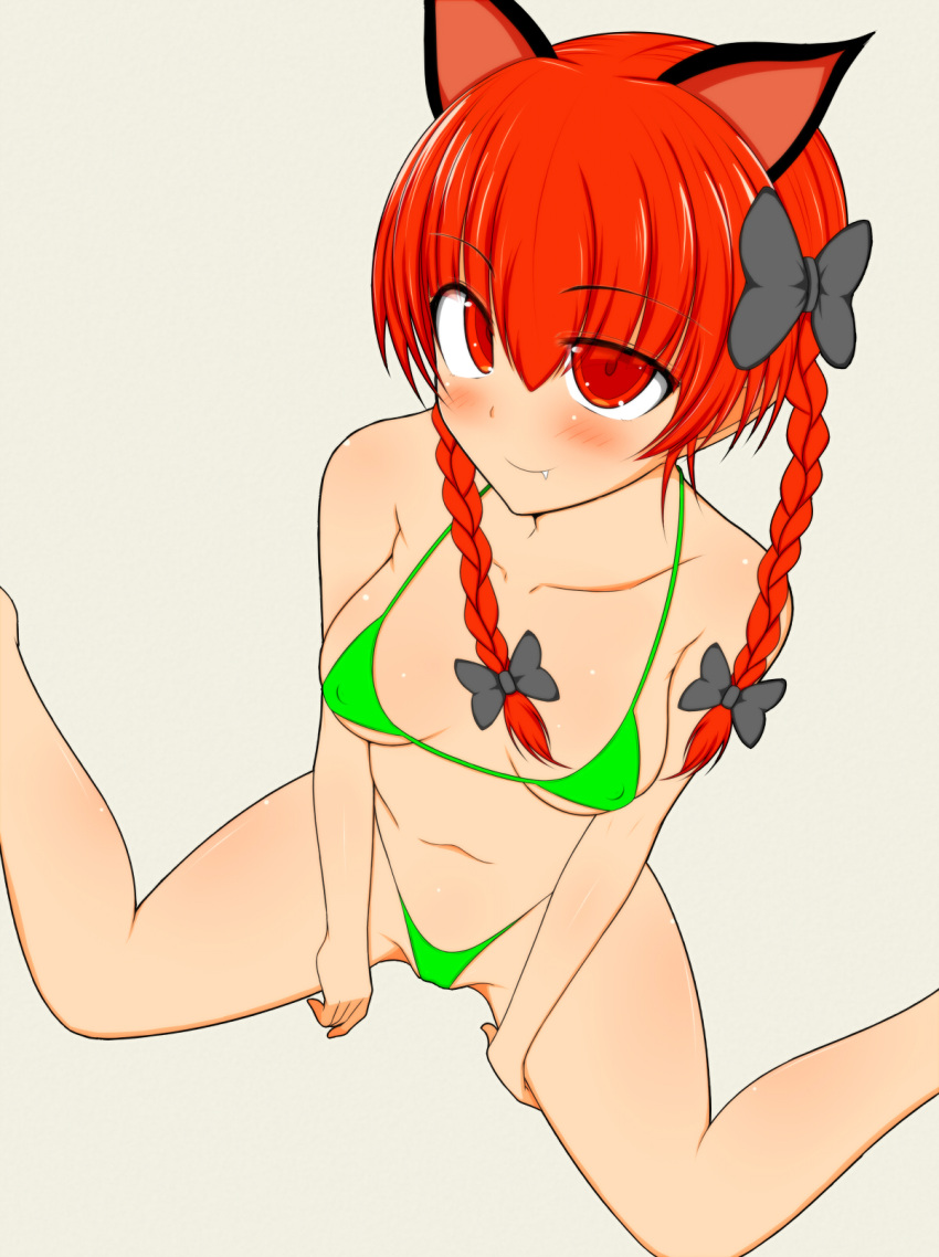 1girl animal_ears bikini bow braid cat_ears covered_nipples fang fang_out feet_out_of_frame foreshortening from_above green_bikini highres kaenbyou_rin kim0501 micro_bikini red_eyes red_hair simple_background sitting smile solo spread_legs swimsuit touhou twin_braids wariza white_background
