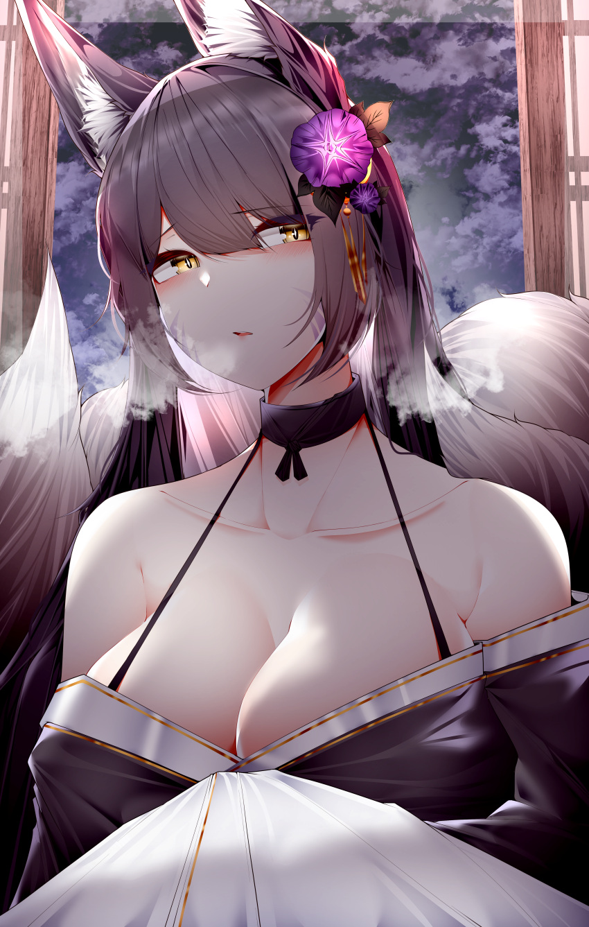 1girl absurdres animal_ears azur_lane bangs black_dress blush breasts brown_hair cleavage collarbone commentary_request dress flower fox_ears fox_tail hair_flower hair_ornament highres large_breasts long_hair looking_at_viewer musashi_(azur_lane) night parted_lips samip solo tail upper_body yellow_eyes
