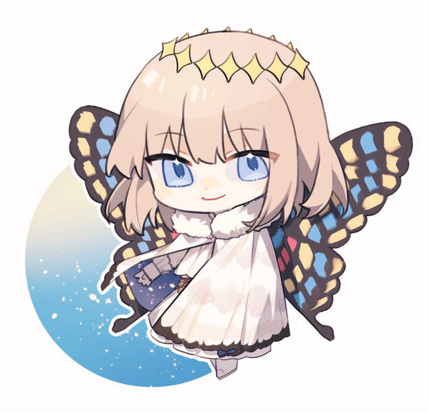 1boy arthropod_boy bangs blue_eyes blush_stickers butterfly_wings chibi chinese_commentary cloak closed_mouth commentary_request crown diamond_hairband fate/grand_order fate_(series) frilled_sleeves frills full_body fur-trimmed_cloak fur_collar fur_trim idass_(idass16) insect_wings long_sleeves looking_at_viewer male_focus medium_hair multicolored_wings oberon_(fate) official_alternate_costume smile solo white_cloak white_footwear white_hair wings