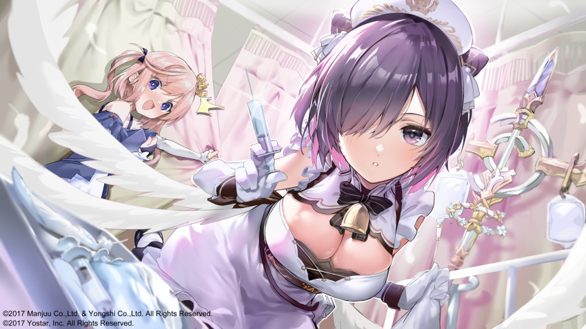 2girls azur_lane bare_shoulders bed black_wrist_cuffs blush breasts cleavage cleavage_cutout clothing_cutout cone_hair_bun crown dress ekakibito elbow_gloves feathered_wings frilled_dress frills full-face_blush gloves hair_bun hair_over_one_eye hat highres holding holding_syringe hospital_bed indoors jervis_(azur_lane) juno_(azur_lane) large_breasts long_hair looking_at_viewer low_wings mini_crown multiple_girls nurse_cap pink_hair purple_eyes purple_hair short_hair staff surprised syringe white_dress white_gloves white_wings wings wrist_cuffs