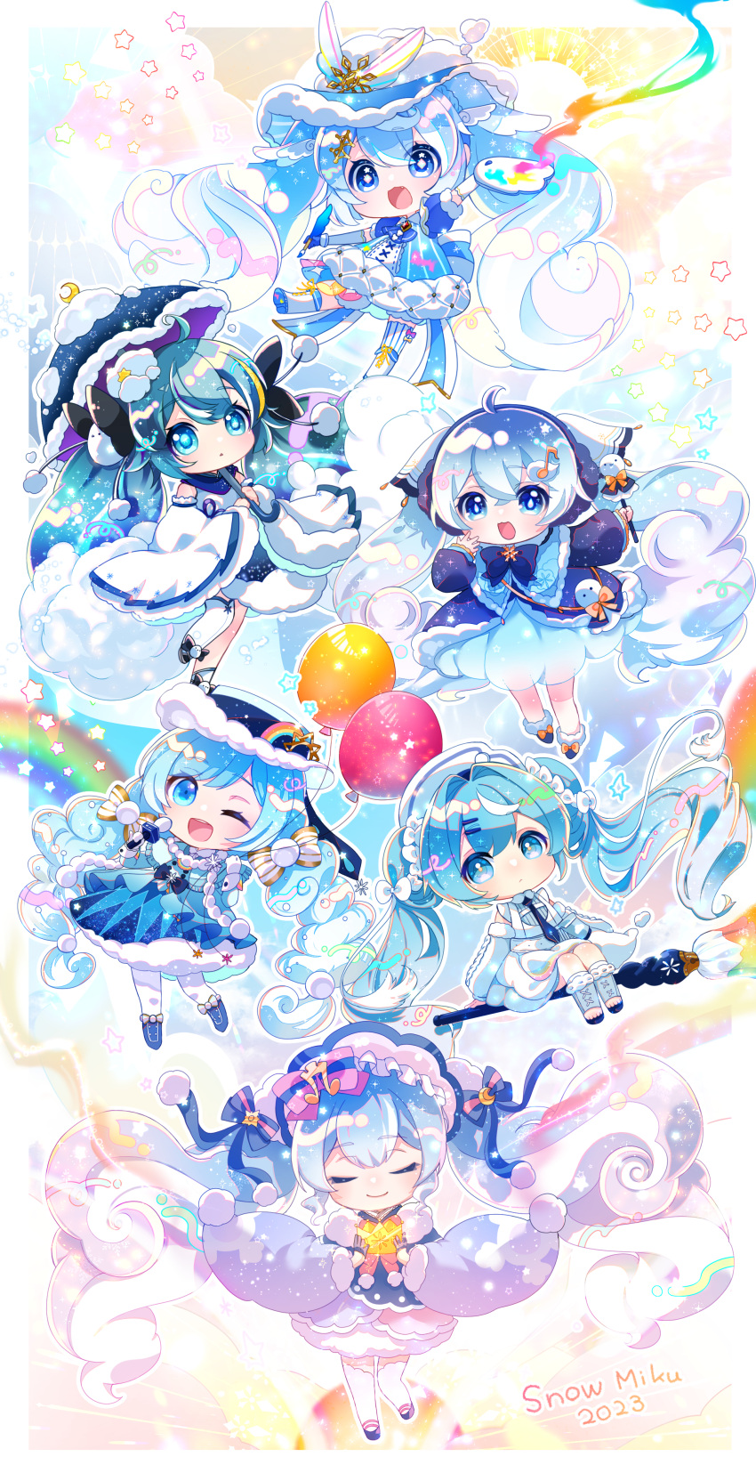 2023 6+girls :&lt; absurdly_long_hair absurdres ahoge art_brush asymmetrical_legwear balloon blue_footwear blue_gloves blue_hair blue_kimono blue_ribbon blue_shirt blue_skirt boater_hat borrowed_design bow bowtie character_name chibi closed_eyes closed_mouth cloud colorful commentary crescent crescent_hair_ornament crown dawn detached_sleeves dress eighth_note facing_viewer full_body fur-trimmed_kimono fur-trimmed_sleeves fur_trim gloves glowing gold_trim gradient_hair hair_bow hair_intakes hair_ornament hair_ribbon hairclip half_gloves hatsune_miku headdress highres holding holding_balloon holding_brush holding_crown holding_microphone holding_palette japanese_clothes kimono light_blue_hair long_hair microphone multicolored_hair multiple_girls multiple_persona musical_note musical_note_hair_ornament necktie object_riding one_eye_closed open_mouth outstretched_arm oversized_object paintbrush palette_(object) pink_bow pink_bowtie pink_hair pom_pom_(clothes) rainbow ribbon shirayuki_towa shirt single_thighhigh skirt smile standing star_(symbol) striped striped_ribbon sun sun_hair_ornament thighhighs two-tone_hair umbrella very_long_hair vocaloid wavy_hair white_bow white_bowtie white_dress white_gloves white_headwear white_sleeves white_thighhighs wide_sleeves wings yuki_miku yuki_miku_(2023)