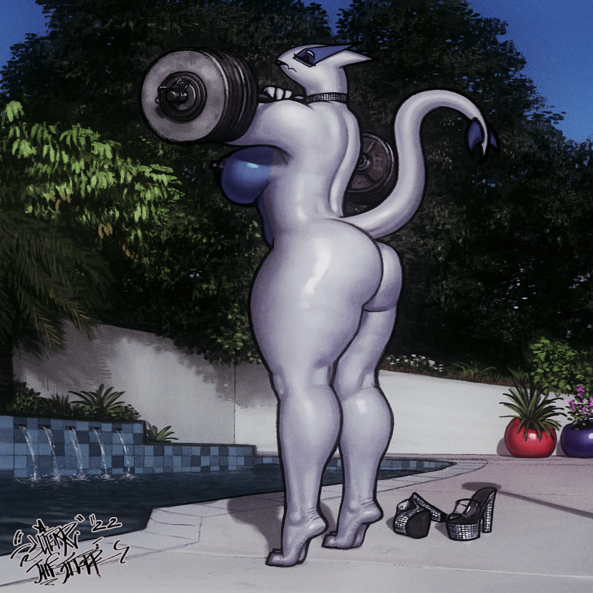 2022 anthro anthrofied areola barefoot big_breasts big_butt black_areola black_nipples blue_body breasts butt day exercise eyes_closed feet female fingers generation_2_pokemon hi_res jewelry legendary_pokemon lips lugia multicolored_body necklace nintendo nipples nude outside plant pokemon pokemon_(species) pokemorph pool signature sligarthetiger solo standing thick_bottom_lip thick_thighs toes two_tone_body video_games water weightlifting white_body workout