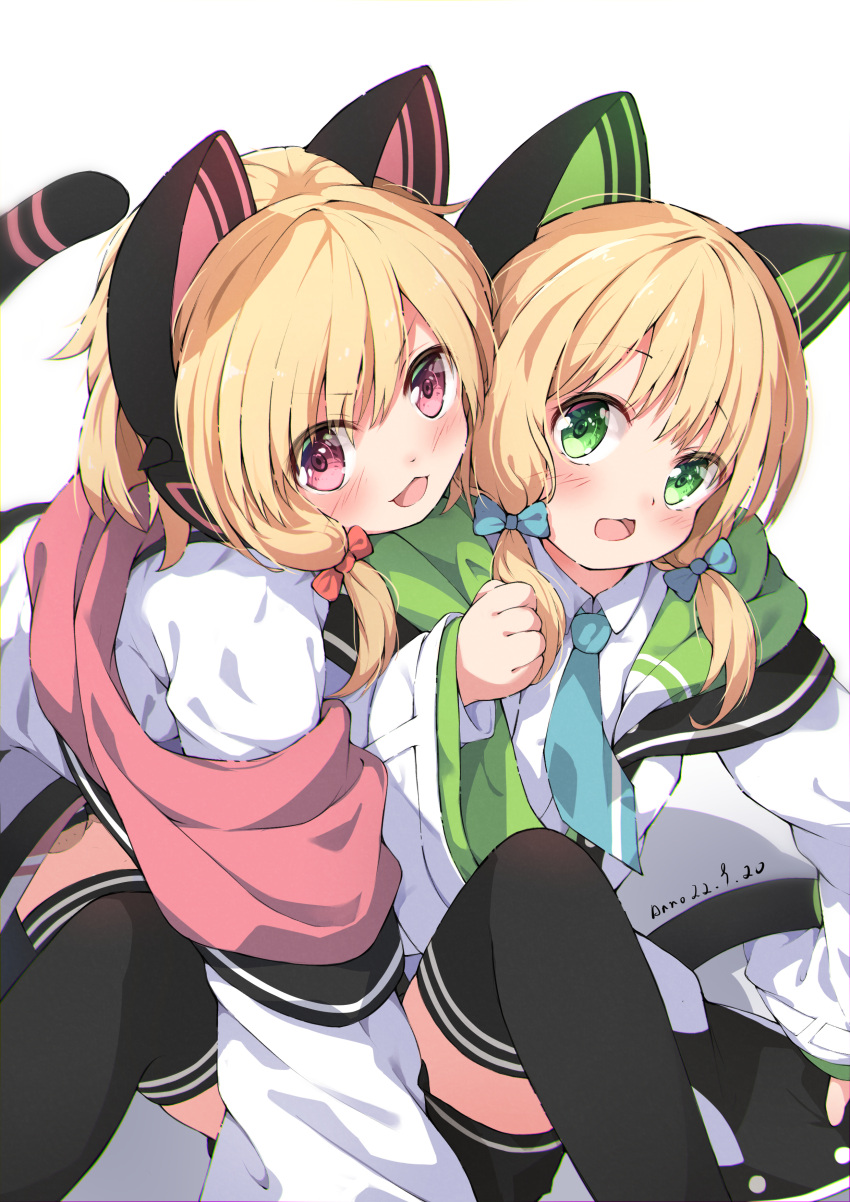 2girls absurdres animal_ear_headphones animal_ears anno_(yukikaze_08) black_shorts black_thighhighs blonde_hair blue_archive blue_necktie cat_ear_headphones cat_ears cat_tail coat fake_animal_ears fake_tail green_eyes headphones highres hug hug_from_behind midori_(blue_archive) momoi_(blue_archive) multiple_girls necktie off_shoulder open_mouth pink_eyes school_uniform shirt short_hair shorts siblings sisters smile tail thighhighs twins white_coat white_shirt