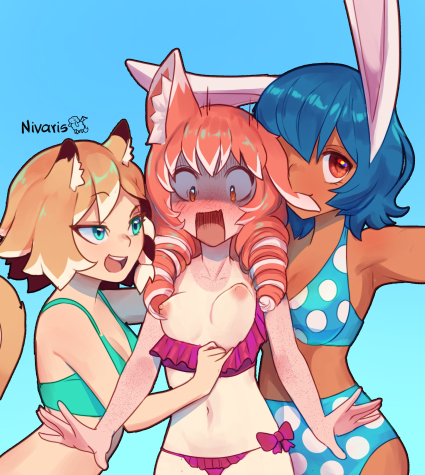 absurdres animal_ears biting blue_hair blush brown_eyes brown_hair clothes_pull dark_skin drill_hair ear_biting ferret_ears ferret_girl fox_ears fox_girl freckles green_eyes highres midriff multiple_girls nibbling original rabbit_ears rabbit_girl red_eyes red_hair selfie sunset_nivaris surprised swimsuit swimsuit_pull tan tanlines