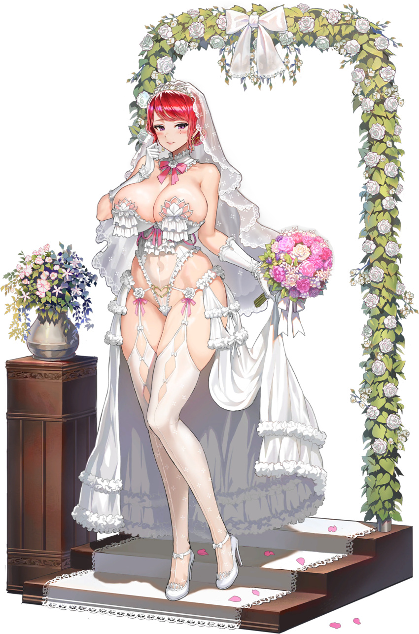 1girl arch areola_slip blush bouquet breasts bridal_lingerie bridal_veil bride carpet cleavage clothing_cutout collar covered_navel detached_collar dress earrings falling_leaves floral_arch flower frilled_collar frilled_gloves frilled_leotard frilled_skirt frills front-seamed_legwear full_body game_cg garter_straps gloves gold_earrings groin hair_bun heart_cutout high_heels highleg highleg_leotard highres holding holding_bouquet hongryeon_(last_origin) huge_breasts jewelry last_origin leaf leotard lingerie looking_at_viewer mole mole_under_eye neck_flower official_alternate_costume official_art pink_flower pink_ribbon purple_eyes purple_flower red_hair revealing_clothes ribbon seamed_legwear see-through showgirl_skirt simple_background single_hair_bun skirt smile solo stairs strappy_heels tachi-e taesi thick_thighs thighhighs thighs tiara transparent_background underwear vase veil wedding_dress white_collar white_dress white_flower white_footwear white_gloves white_thighhighs