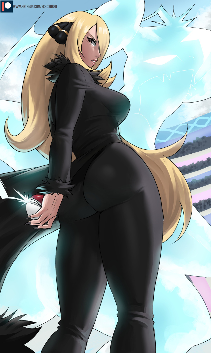 1girl absurdres ass black_coat black_pants blonde_hair coat cynthia_(pokemon) echo_saber fur-trimmed_coat fur_collar fur_trim garchomp hair_over_one_eye highres holding holding_poke_ball lips long_hair pants poke_ball pokemon pokemon_(game) pokemon_dppt solo tight tight_pants very_long_hair wavy_hair