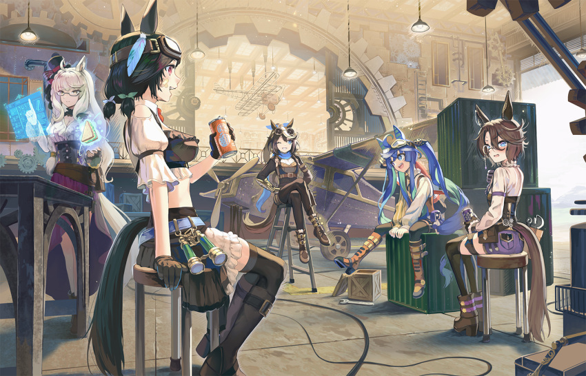 4girls ahoge aircraft airplane animal_ears binoculars biwa_hayahide_(uchronia_architect)_(umamusume) biwa_hayahide_(umamusume) blue_hair boots breasts brown_footwear brown_gloves brown_hair brown_skirt cable can cleavage crossed_bandaids crossed_legs feather_hair_ornament feathers food gears glasses gloves goggles goggles_on_head hair_ornament hangar hanging_light hat high_heel_boots high_heels holding holding_can holographic_interface horse_ears horse_girl horse_tail jumpsuit ladder long_hair medium_breasts midriff mini_hat mini_top_hat multicolored_hair multiple_girls narita_taishin_(difference_engineer)_(umamusume) narita_taishin_(umamusume) one_eye_closed open_mouth pi_(p77777778) ponytail purple_shorts sandwich scarf shipping_container shirt short_hair short_twintails shorts sitting skirt small_breasts smile standing steampunk stepladder stool streaked_hair table tail thighhighs tokai_teio_(teio-oh-oh!!!)_(umamusume) tokai_teio_(umamusume) top_hat twin_turbo_(tt_ignition!)_(umamusume) twin_turbo_(umamusume) twintails umamusume white_hair white_shirt wings_of_iron:_hazy_tales_(umamusume) winning_ticket_(dream_deliverer)_(umamusume) winning_ticket_(umamusume) wooden_box wrench