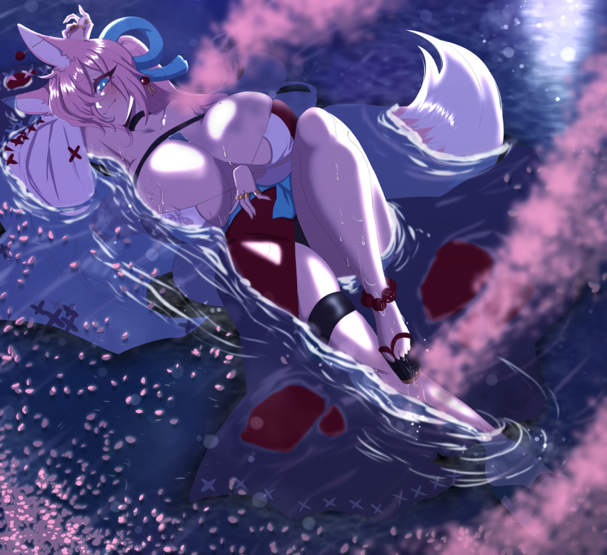 1girl animal_ears arm_up armpits black_choker black_panties blue_eyes blush borrowed_character breasts bust_cup choker detached_sleeves english_commentary floating fox_ears full_body hair_over_one_eye highres huge_breasts japanese_clothes jewelry kitsune leg_up miko moonlight multiple_rings no_bra original panties pantyshot partially_submerged petals pink_hair platform_footwear plunging_neckline ponytail pride-kun ring solo thick_thighs thigh_strap thighs underwear water wet wet_clothes