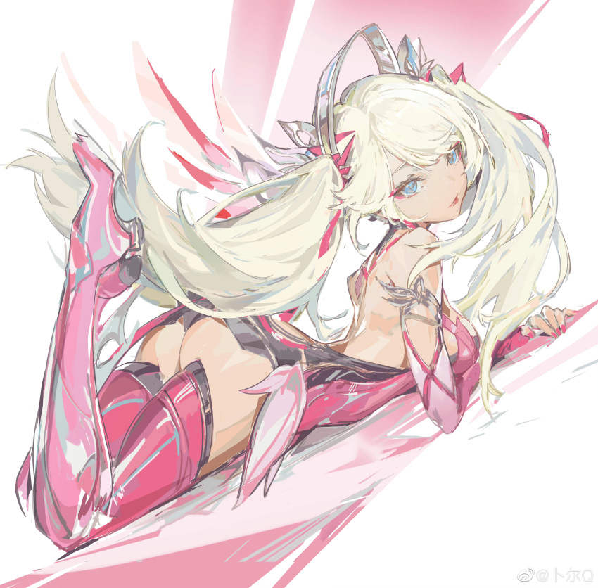 1girl absurdres animification ass blonde_hair blue_eyes boots high_heel_boots high_heels highres long_hair looking_at_viewer looking_back lying mercy_(overwatch) messikid nail_polish on_stomach overwatch overwatch_1 pink_mercy pink_wings simple_background solo the_pose thigh_boots twintails white_background wings