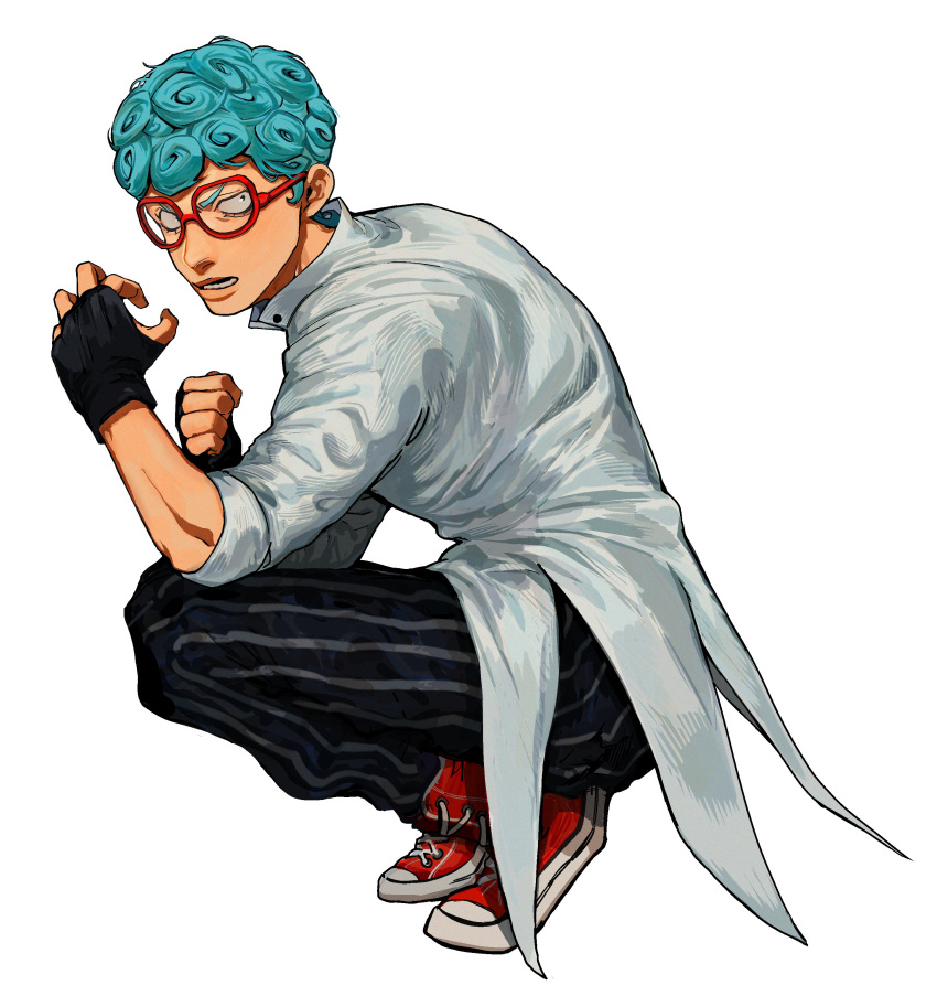 1boy absurdres blue_hair constricted_pupils curly_hair fingerless_gloves from_side ghiaccio glasses gloves highres jojo_no_kimyou_na_bouken looking_at_viewer ma2_ereki male_focus pants red-framed_eyewear shoes sneakers solo squatting striped striped_pants vento_aureo