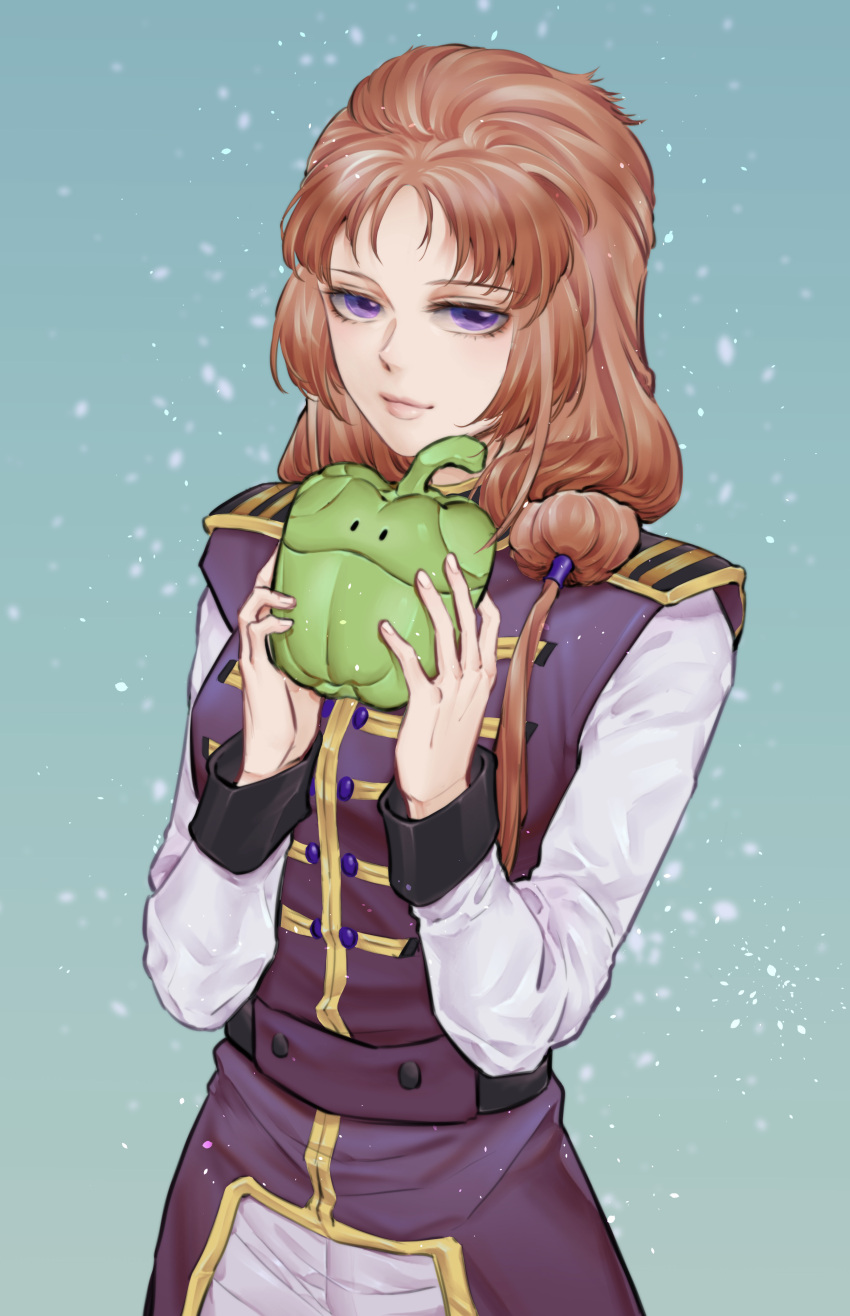 1girl absurdres bangs belt black_belt blue_background brown_hair chinese_commentary food foodification gundam gundam_unicorn haro highres holding holding_food holding_vegetable jacket light_smile long_hair marida_cruz natsuki_(user_jnkp2424) parted_bangs pepper purple_eyes purple_jacket smile solo vegetable